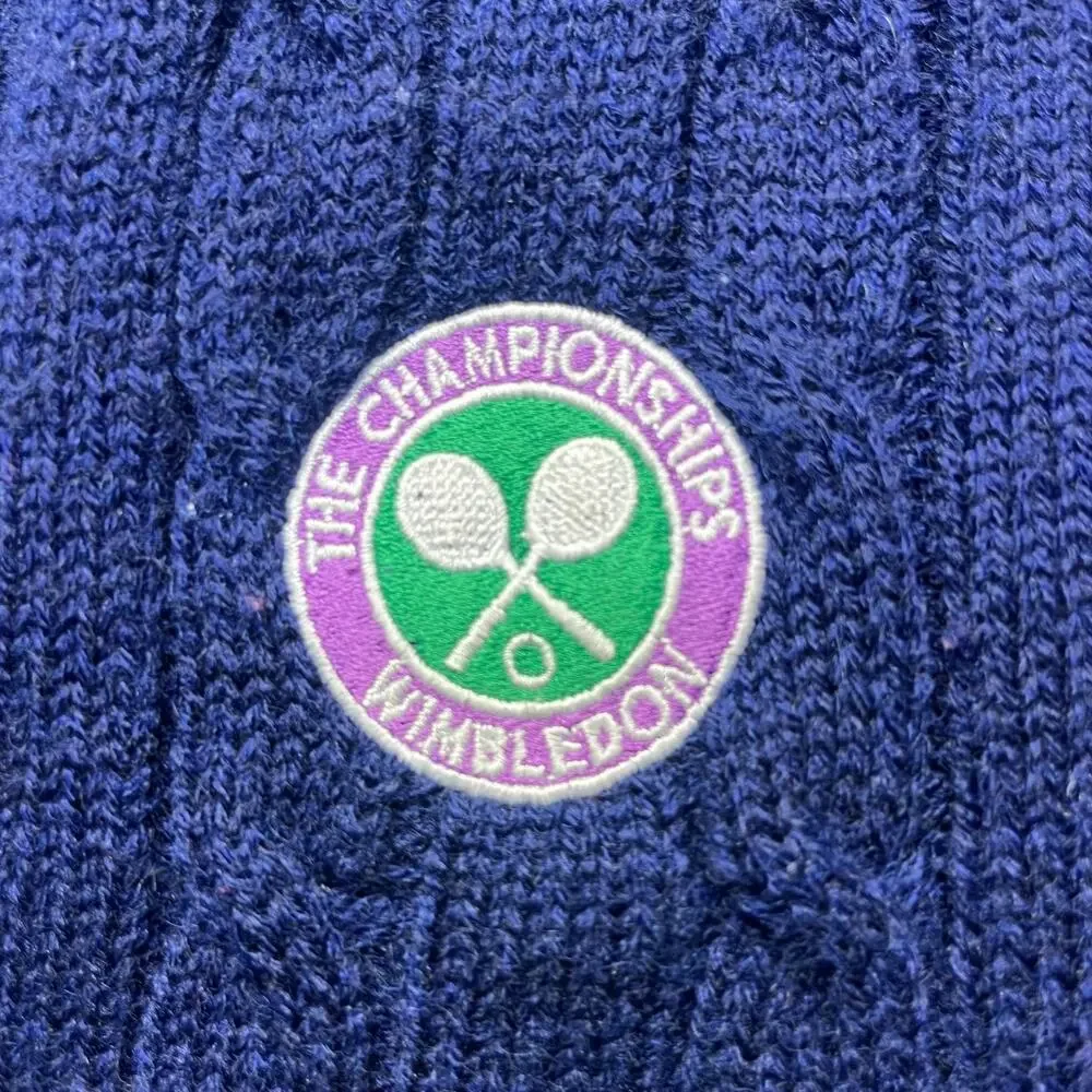 Vintage Wimbledon Men's XL Cable Knit V-Neck Sweater Navy Blue Tennis Preppy